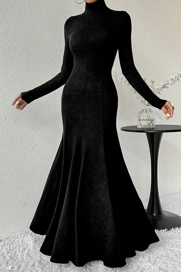 Solid Color High-neck Long-sleeved Slim-fit Fishtail Elegant Maxi Dress