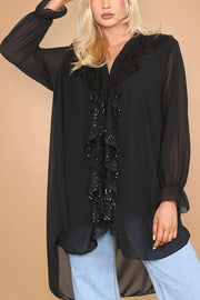 Solid Color Chiffon V-neck Long-sleeved Spliced sequin Casual Shirt