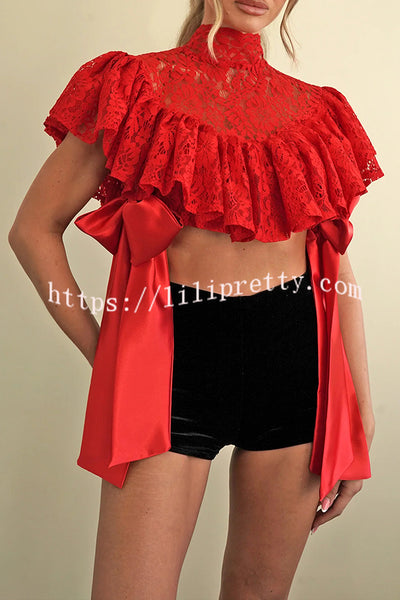 Clarissa Lace High Neck Side Tie-up Cascading Ruffles Cropped Cape Top