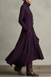 Solid Color High-neck Long-sleeved Irregular Casual Maxi Dress