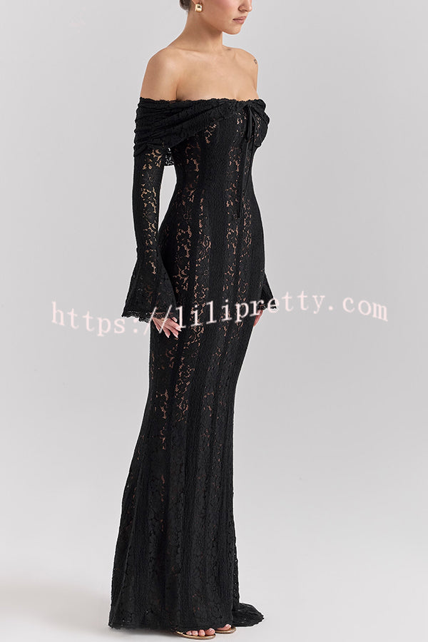 Outline The Curve Floral Lace Off Shoulder Bell Sleeve Stretch Maxi Dress