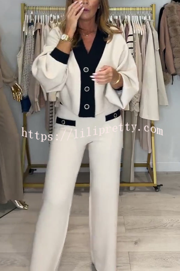 Fashion Contrast Color V-neck Loose Cardigan and Elastic Waist Casual Pants Set