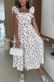 Floral Print Square Neck Pleated Back Midi Dress