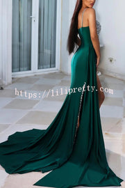 Adelynn Sequin Patchwork One Shoulder Ruched Slit Prom Maxi Dress