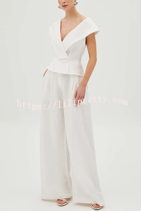 Velena Linen Blend Button Up Lapel Top and High Rise Pocket Wide Leg Pants Set