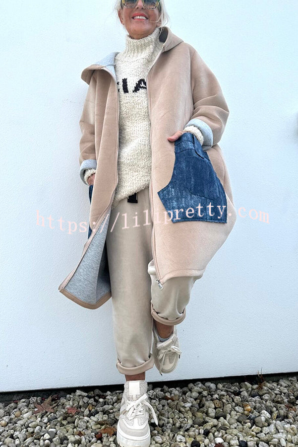 Soft and Warm Zipper Denim Pocket Long Sleeve Hooded Midi Sweatshirt Coat