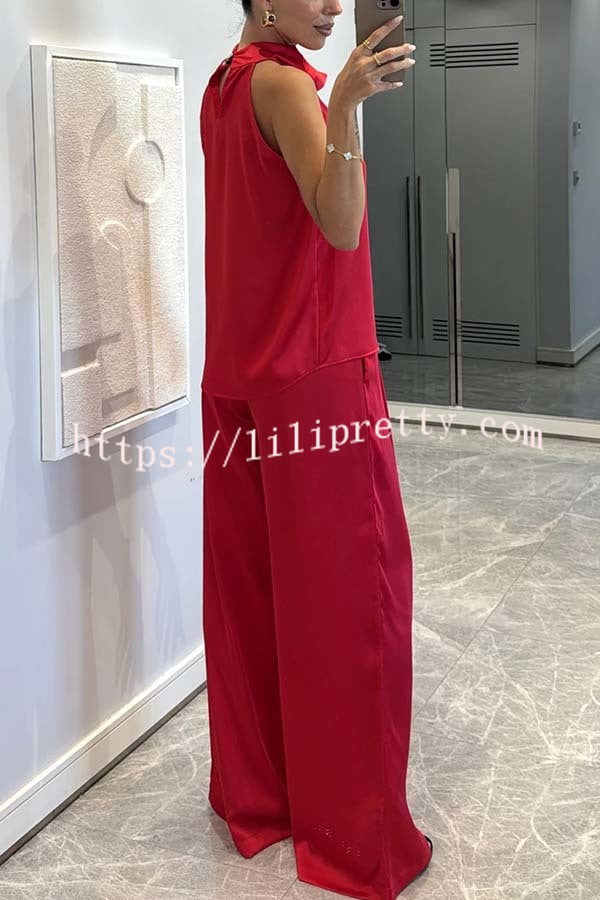 Classic on You Satin High Cowl Neck Top and Elastic Waist Pocket Loose Pants Set