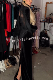 Eve Velvet Open Back Tassel Trim Long Sleeve Slit Maxi Dress