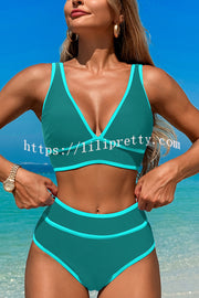 Solid Color Contrast High Waist Stretch Bikini Swimsuit