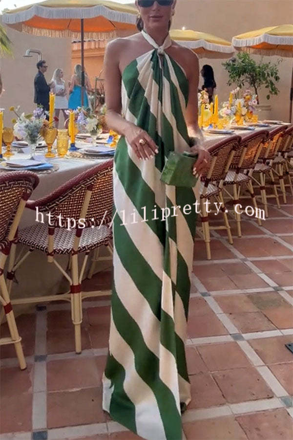 Most Dreamy Stripe Print Halter Tie-up Backless Pocket Loose Maxi Dress