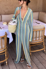 Lilipretty® Bondi Beach Knit Colorful Wave Print Long Sleeve Vacation Maxi Dress