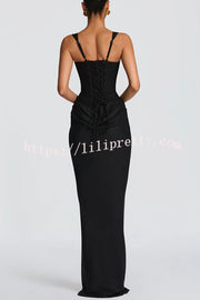Larrah Square Neck Back Lace-up Satin Drape Hem Maxi Dress