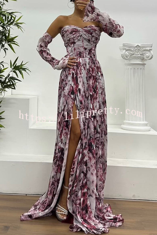 Reina Chiffon Floral Print Pleated Bodice Split Sleeve Strapless Slit Maxi Dress