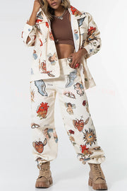 Angel Wings Denim Unique Print Mid Rise Pocket Loose Pants