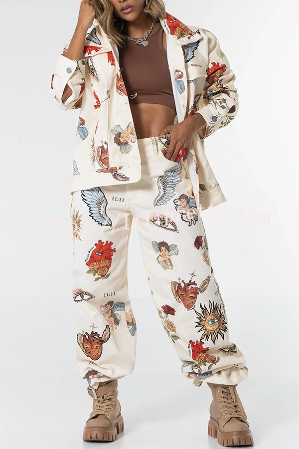 Angel Wings Denim Unique Print Mid Rise Pocket Loose Pants