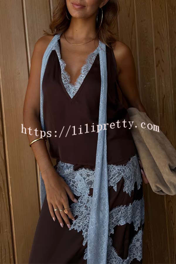 Sunday Social Contrast Color Satin Lace Trim Neck Strap Loose Tank