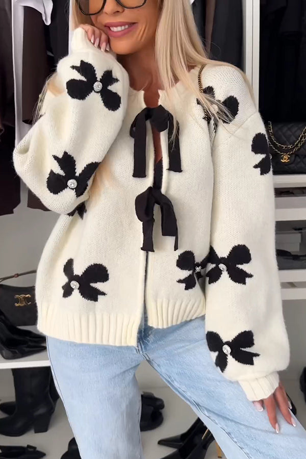 Bow Tie Round Neck Long Sleeve Knitted Cardigan