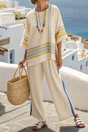 Striped Print Crew Neck Loose Top and Elastic Waist Casual Wide Leg Pants