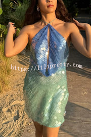 Fashion Sexy Sequined Backless Halter Neck Slim Fit Mini Dress