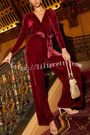 Love One Another Velvet Bow Belted Pocket Cutout Back Loose Jumpsuit