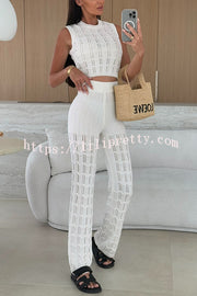 Solid Color Hollow Sleeveless Round Neck Knitted Vest and Stretch Casual Straight Pants Set