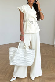 Modern City Double Breasted Belted Wide Short Sleeve Suit and Elastic Waist Loose Pants Set