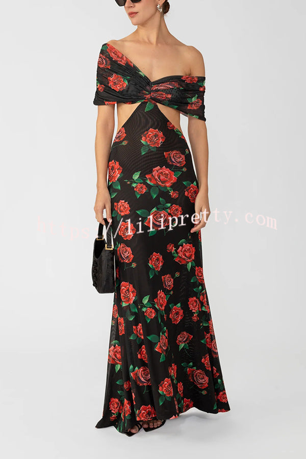 Rose Print Sexy Strapless Backless Slim Maxi Dress