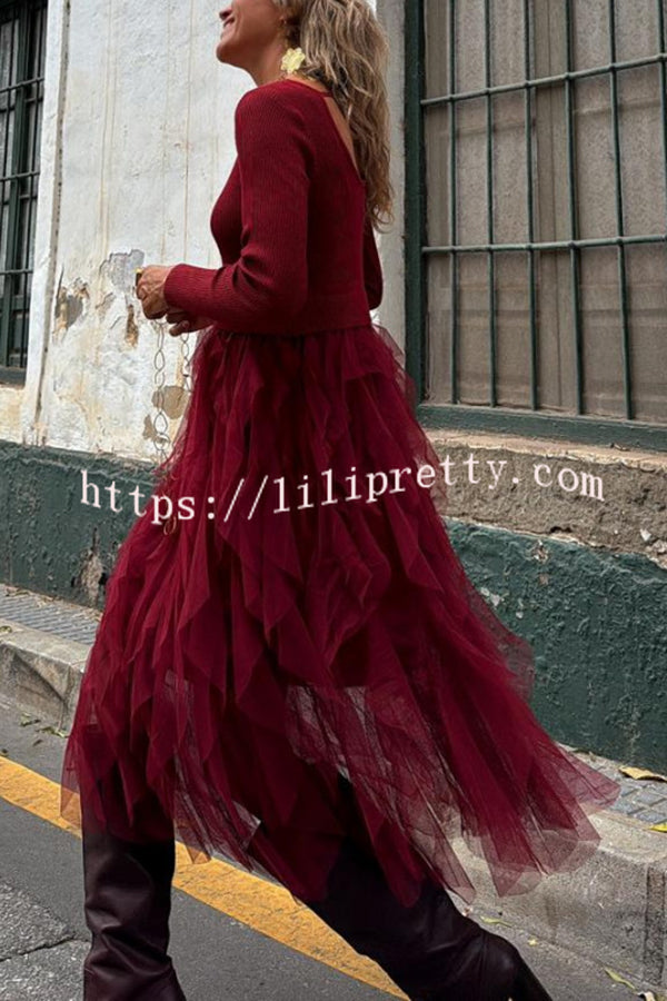 Jansen Ribbed Knit Patchwork Layered Tulle Ruffles Long Sleeve Midi Dress