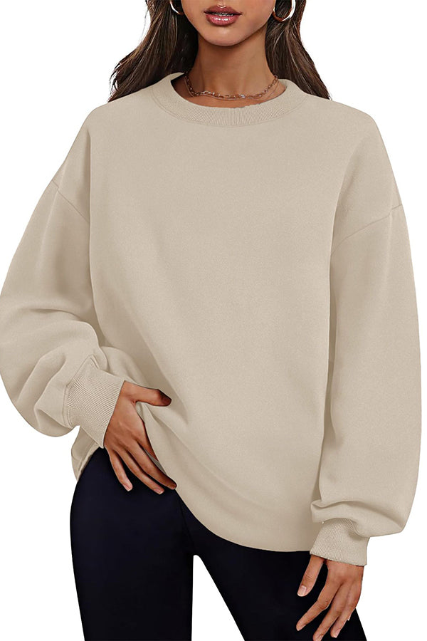 Solid Color Round Neck Pocket Loose Warm Long Sleeve Sweatshirt