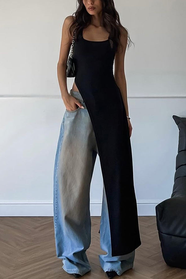 Solid Color Shoulder Strap Slim Fit Slit Maxi Top