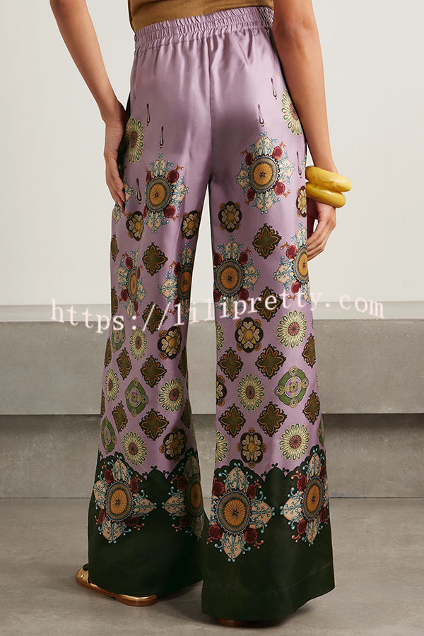 Satin Unique Print Loose Batwing Sleeve Top and Elastic Waist Pocket Casual Wide-leg Pants Set