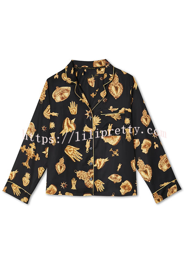 Golden Night Unique Print Color-block Trim Loose Shirt and Elastic Waist Pocketed Pajama Set