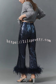 New Year Eve Sequin Feather Trim High Rise Back Zipper Flare Pants