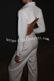 Chic Style Long Sleeve Open Back Blouse and Pocketed Straight Leg Loose Pants Set