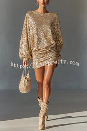 Glow Season Sequin Long Lantern Sleeve Ruched Hip Loose Mini Dress