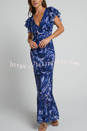 Lilipretty Lover By Day Swirl Pattern Flutter Sleeve Maxi Dress