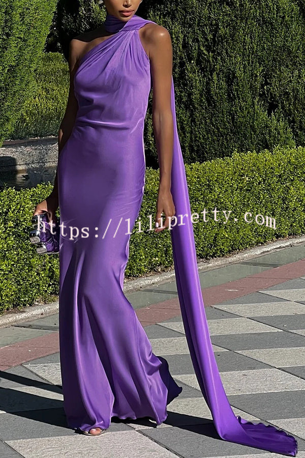 Crush on You Satin One Shoulder Backless Cape Maxi Dress