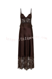 Elegant Evening Satin Lace Patchwork See-through Waist Slip Maxi Dress