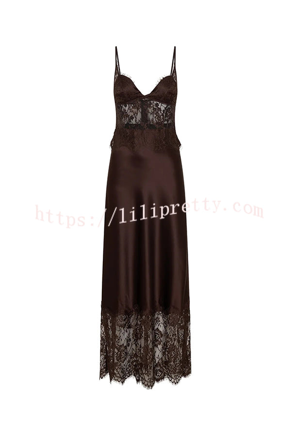 Elegant Evening Satin Lace Patchwork See-through Waist Slip Maxi Dress