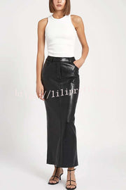 Classic Feel Faux Leather Mid Rise Pocket Slit Stretch Maix Skirt