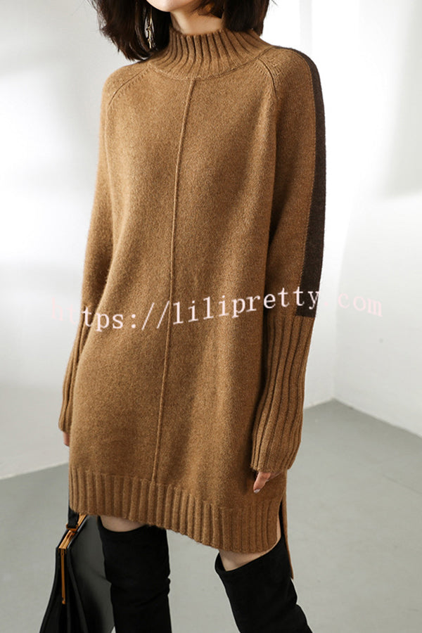 Lilipretty Dbfbdtu Knitted Turtleneck Slit Long Sleeved Mini Dress