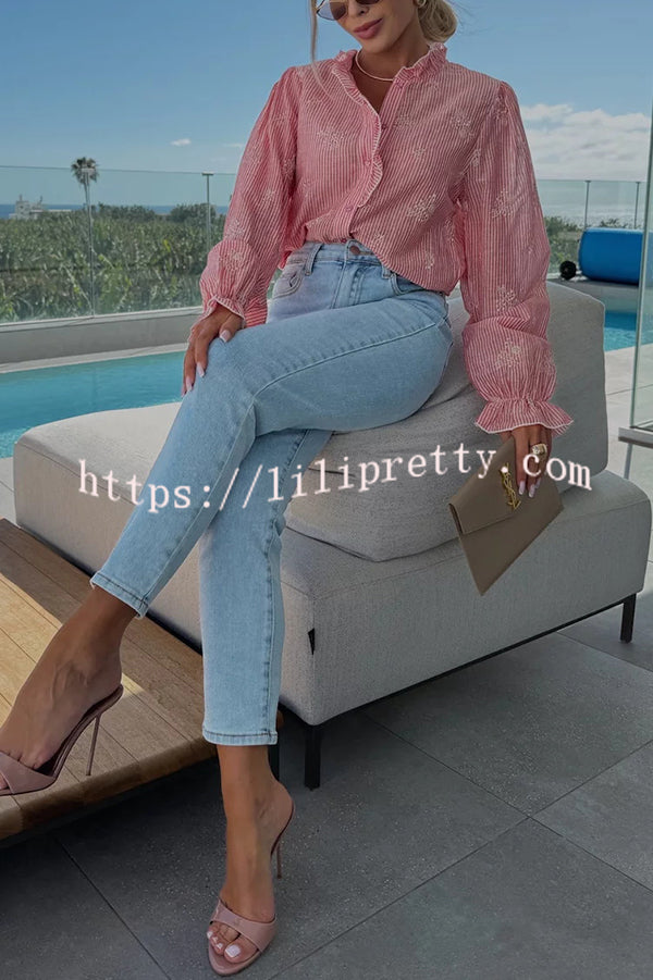 Stripe Print Plant Embroidery Long Sleeve Casual Shirt