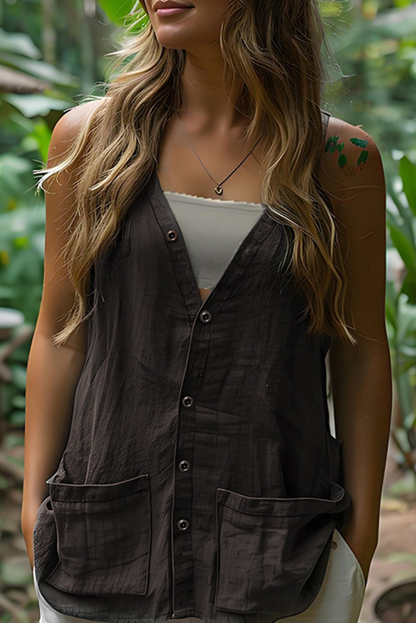 Linen Blend Loose V-neck Sleeveless Pocket Casual Vest