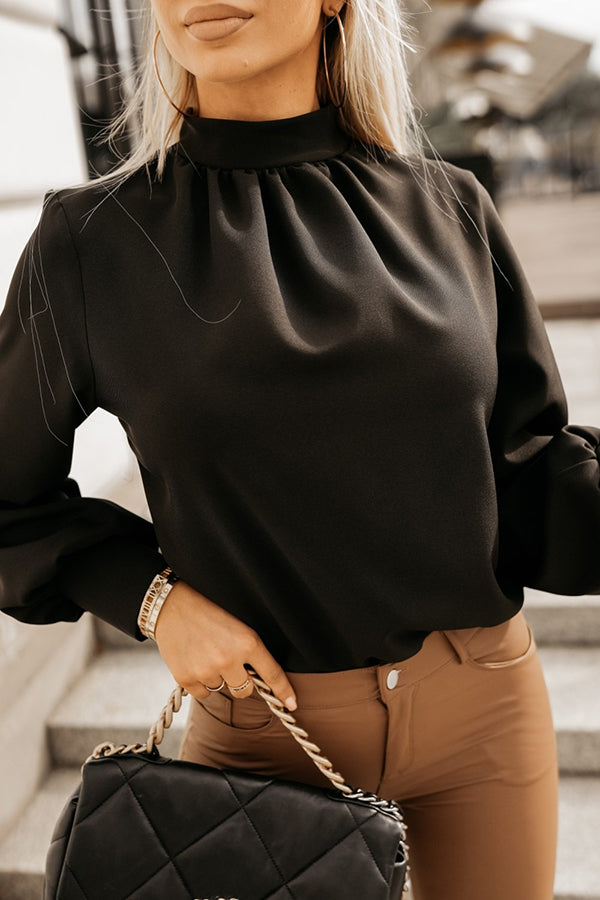 Solid Color Loose and Elegant High Collar Long Sleeve Shirt