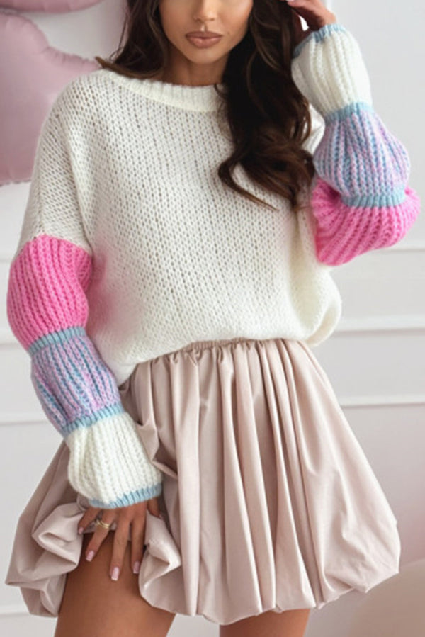 Stylish Loose-fitting Color-blocked Long-sleeved Knit Sweater