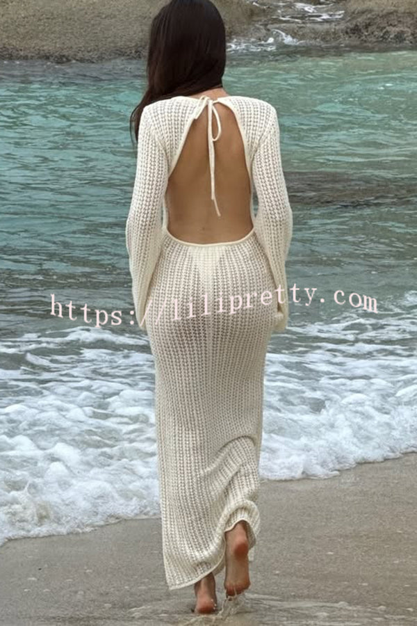 Bahamas Knit Long Bell Sleeve Sexy Backless Holiday Cover-up Maxi Dress