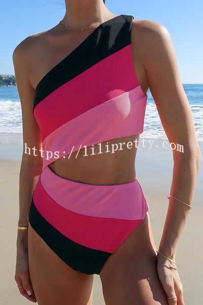 Justine Ribbed Color Block One Shoulder Cutout Stretch One-piece Swimsuit
