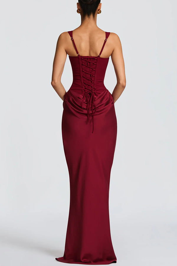 Larrah Square Neck Back Lace-up Satin Drape Hem Maxi Dress