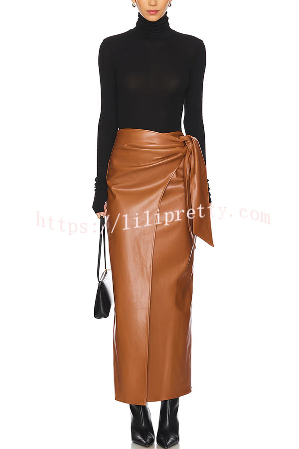 Snappy Casual Slay Faux Leather High Rise Wrap Tie-up Stretch Maxi Skirt