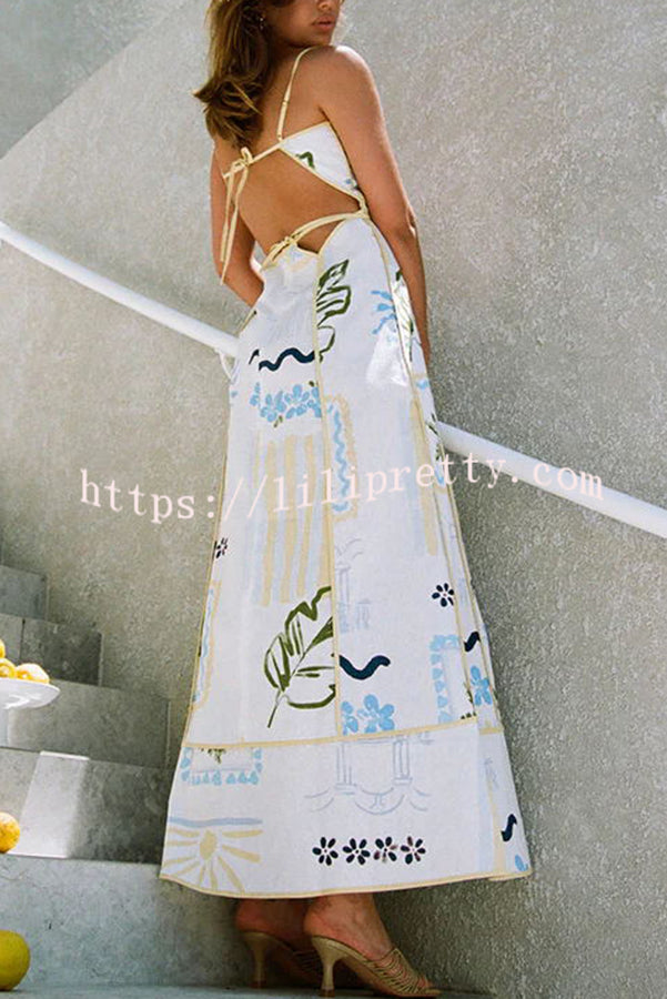 Kaytee Linen Blend Unique Print Contrast Yellow Back Tie-up Strap Maxi Dress